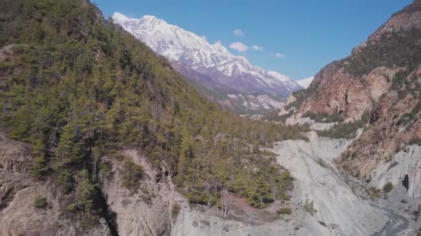 Vuelo panorámico aéreo sobre el desfiladero rocoso del río, cordillera de la nieve de Annapurna, Nepal — Vídeo de stock