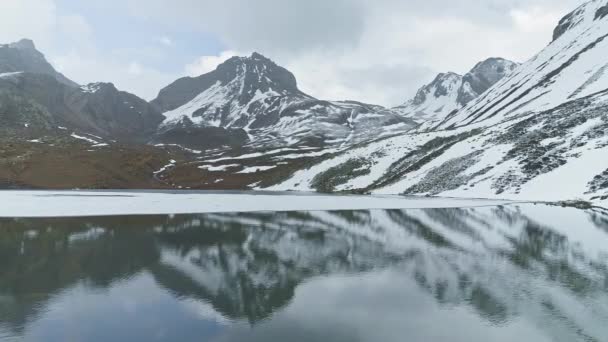 Schneebedeckte Hochlandlandschaft spiegelt sich auf dem spiegelglatten Wasser des Eissees, Nepal — Stockvideo