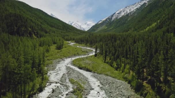 Vuela por encima del río bosque, el agua lechosa fluye sobre el lecho de piedra, campamento turístico en bosques — Vídeo de stock