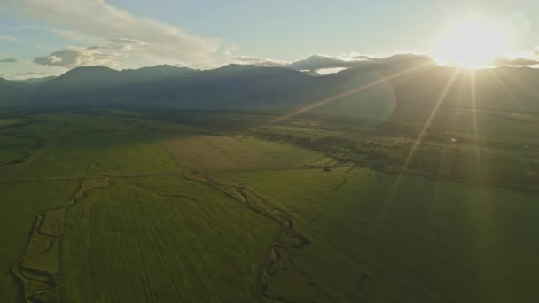 Dazzling sunrise panorama, sun rays shine above dark mountains, wide green field — Stock Video