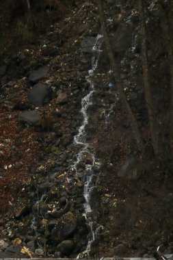 Kayaların arasından akan küçük bir şelale. Şelalenin her iki tarafında da kayalar ve ağaçlar var. .