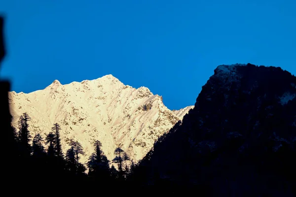 Zonsopgang Besneeuwde Berg Berg Aan Voorkant Bedekt Met Dennenbomen — Stockfoto