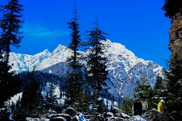 Besneeuwde Bergen Met Dennenbomen Achtergrond Rotsen Bedekt Met Sneeuw Aan — Stockfoto