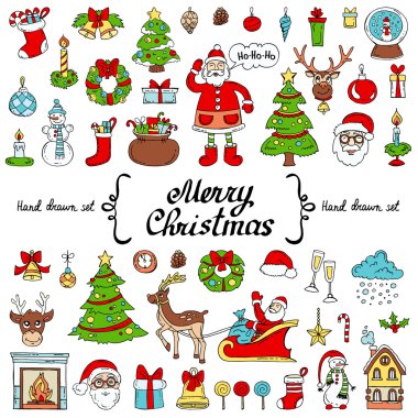 Tema Merry Christmas, mutlu yeni yıl beyaz renk renkli karalamalar elle çizilmiş vektör kümesiyle izole