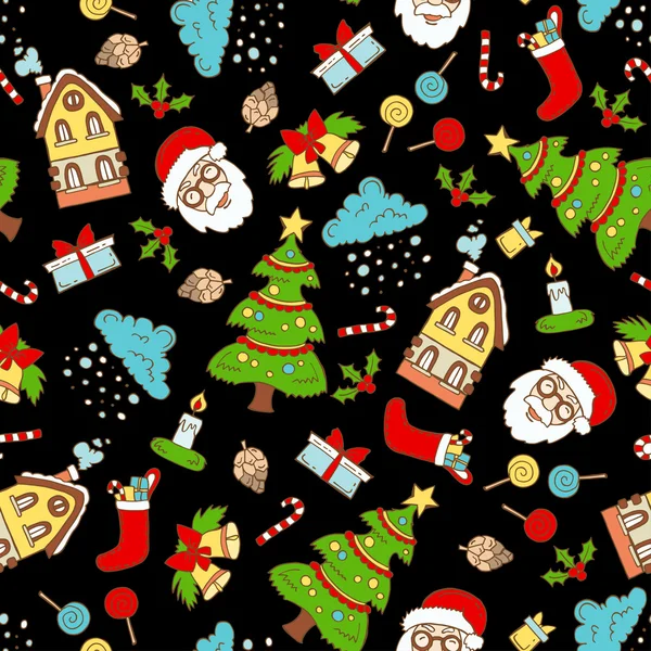 Modèle avec des symboles colorés dessinés à la main de Joyeux Noël, Bonne année sur la couleur noire — Image vectorielle