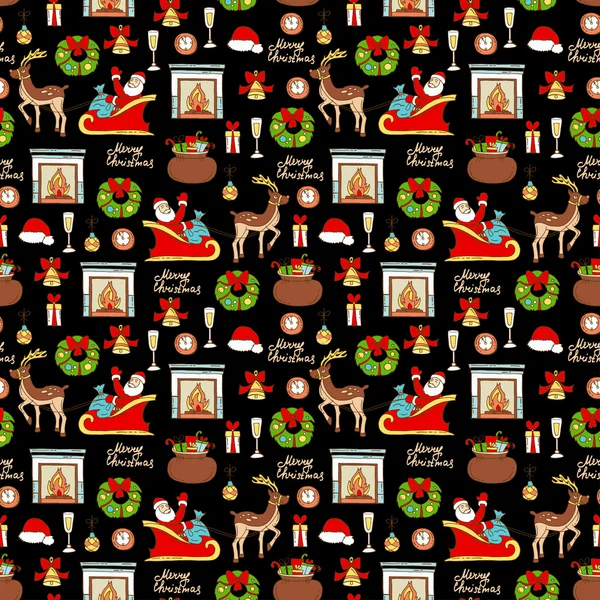 Modèle avec des symboles dessinés à la main colorés de Joyeux Noël, Bonne année sur la couleur noire — Image vectorielle