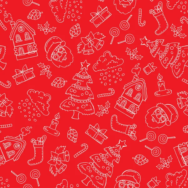 Patrón con símbolos dibujados a mano de Feliz Navidad, Feliz Año Nuevo en color rojo — Archivo Imágenes Vectoriales