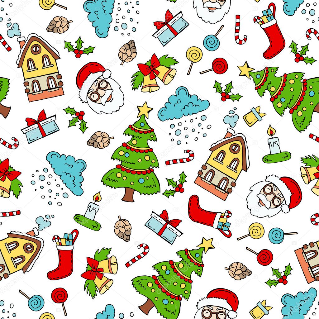 Pattern with hand drawn colored symbols of Merry Christmas, Happy New Year on white color