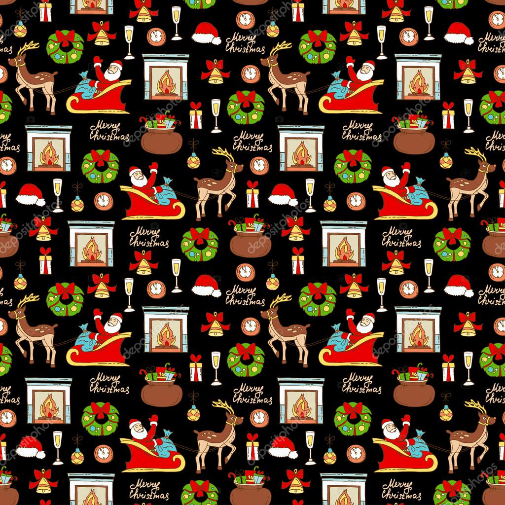 Reticolo senza giunte con mano colorata disegnata simboli di buon Natale felice anno nuovo il colore nero Priorit  bassa per uso nel disegno