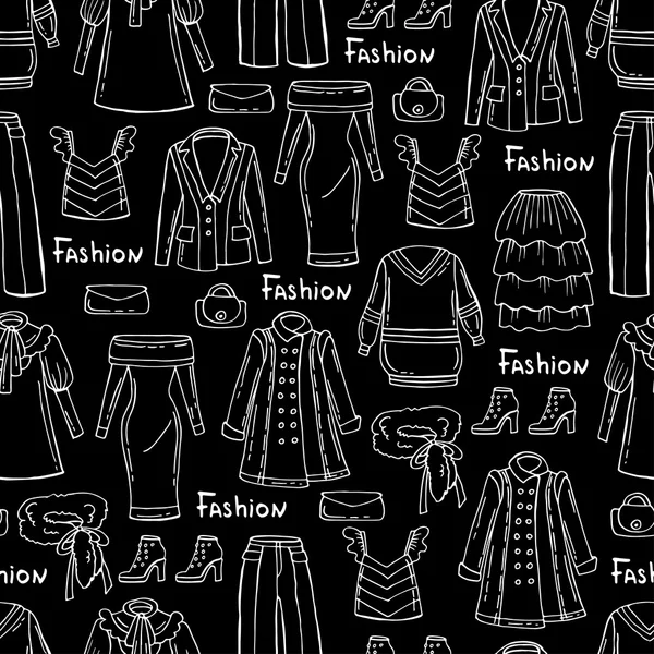 Pattern with hand drawn isolated fashionable clothes for women on black background — Stock Vector