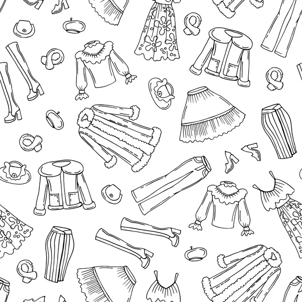 Wzór z ręcznie rysowane modne ubrania dla kobiet na kolor biały — Wektor stockowy