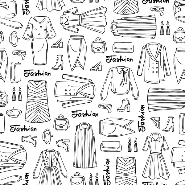 Patrón con la mano dibujado ropa de moda aislada para las mujeres en color blanco — Archivo Imágenes Vectoriales