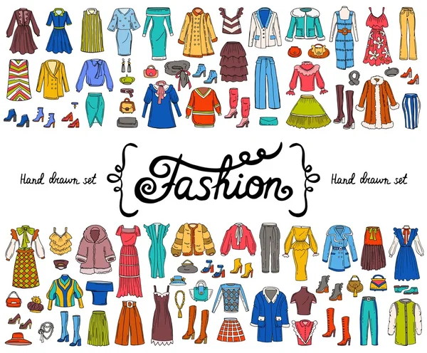 Vector set with hand drawn colored doodles on the theme of fashion on white color — Stock Vector