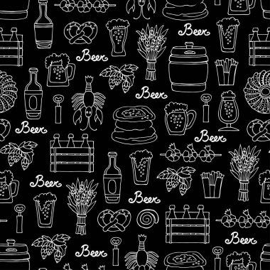 Desen el çekilmiş şişe ve bardak bira, kroki tarzı atıştırmalıklar ile. Desen siyah renk bira konulu
