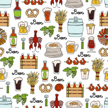 El ile desen renkli şişe ve bardak bira, çerez kroki tarzı çizilmiş. Desen bira konulu