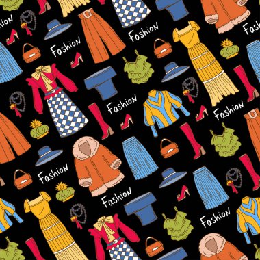 El ile desen renkli moda giysiler üzerinde siyah renk bayanlar için çizilmiş. Desen moda konulu