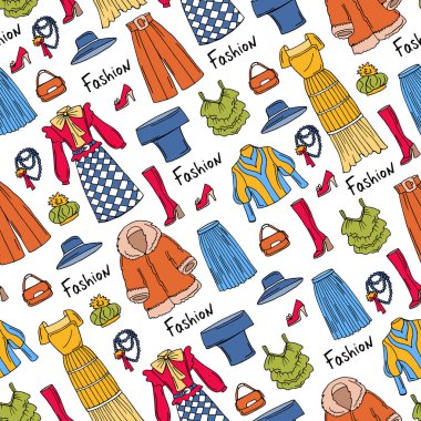 Desen el ile bayanlara renkli moda giysiler çizilmiş. Desen moda konulu