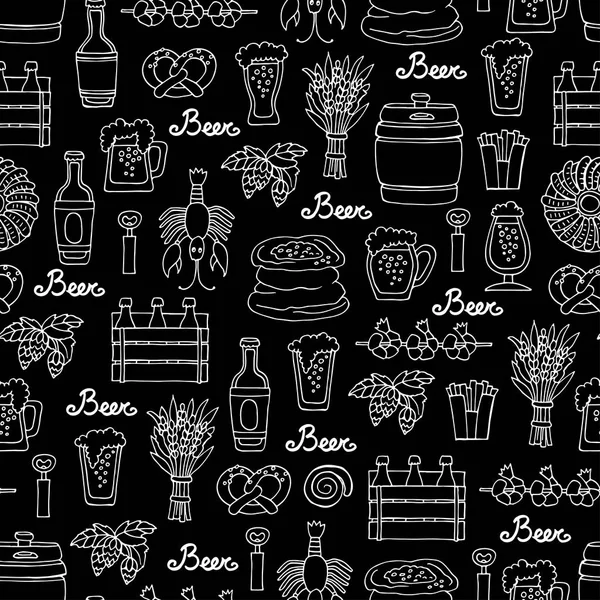 Pattern with hand drawn bottle and glass of beer, snacks  in sketch style. Pattern on the theme of beer on black color — Stock Vector