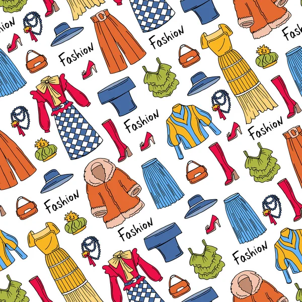 Patroon met hand getrokken gekleurde modieuze kleding voor dames. Patroon op het thema van de mode — Stockvector