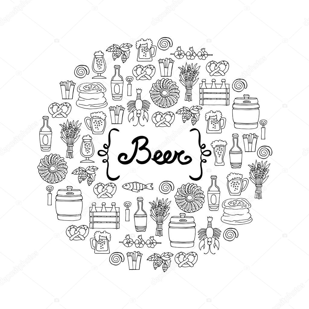 Cover with hand drawn bottle and glass of beer, snacks  in sketch style. Pattern on the theme of beer