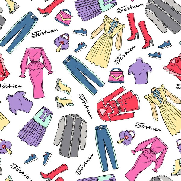 Patroon met hand getrokken gekleurde modieuze kleding voor vrouwen. Patroon op het thema van de mode — Stockvector