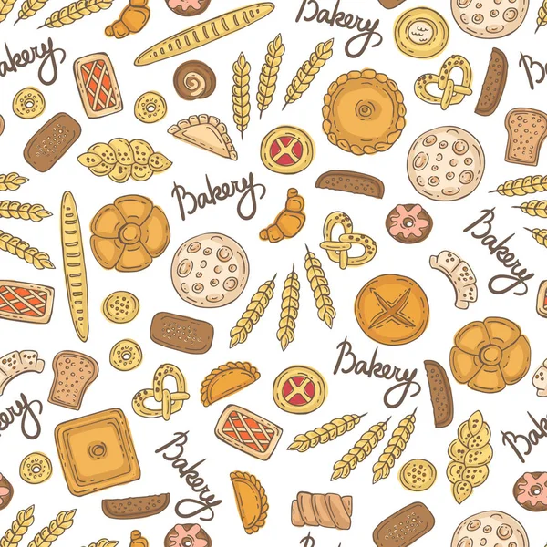 Patrón con productos de panadería de color dibujado a mano. Patrón sobre el tema de la comida — Archivo Imágenes Vectoriales