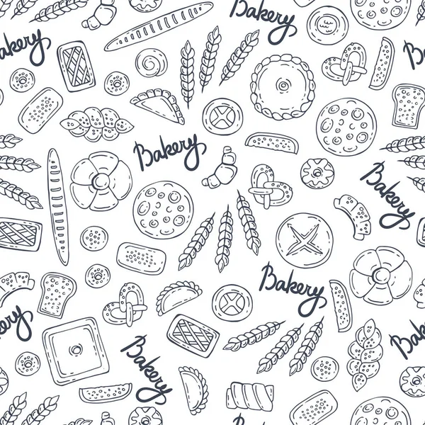 Patrón con productos de panadería aislados dibujados a mano sobre fondo blanco. Patrón sobre el tema de la comida — Vector de stock