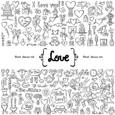 Set el ile vektör izole karalamalar aşk konulu çizilmiş. Sevgililer Günü'nün sembolleri