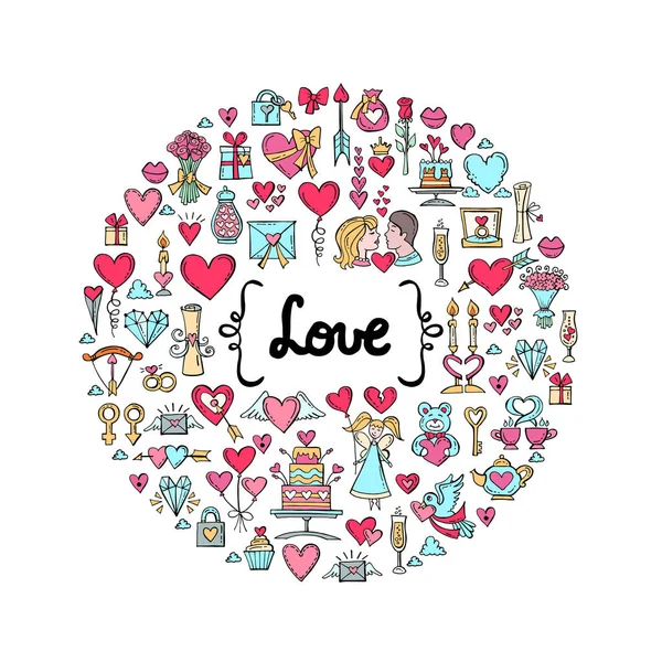 Cubierta con símbolos dibujados a mano del día de San Valentín, amor, sentimientos, boda — Archivo Imágenes Vectoriales
