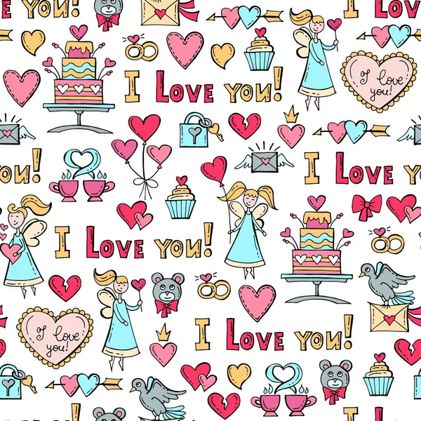 Vector pattern with hand drawn colored symbols of Valentine's Day on white background. Pattern on the theme of love — Stock Vector