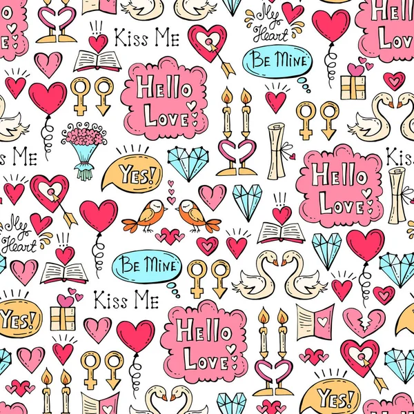 Vector patroon met hand getrokken gekleurde symbolen van Valentijnsdag. Patroon op het thema van de liefde — Stockvector