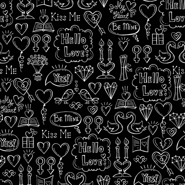 Vektör desen el ile Sevgililer Günü'nün izole semboller üzerinde siyah renkli çizilmiş. Desen aşk konulu — Stok Vektör