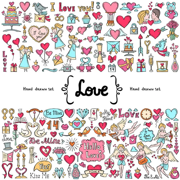 Conjunto de vectores con garabatos de colores aislados dibujados a mano sobre el tema del amor. Símbolos del Día de San Valentín — Archivo Imágenes Vectoriales