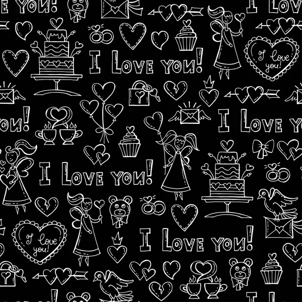 Vektorové vzorové rukou kreslené izolované symboly Valentýna na černém pozadí. Vzorek na téma láska — Stockový vektor