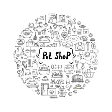 El ile dekoratif kapak için evcil hayvan izole ürünler beyaz arka plan üzerinde çizilmiş. Evde beslenen hayvan dükkan, hayvanlar konulu Illustration. Vektör arka plan tasarım kullanmak için