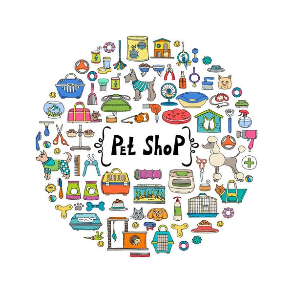 Capa decorativa com mão desenhada artigos coloridos para pet shop. Fundo do vetor para uso em projeto — Vetor de Stock