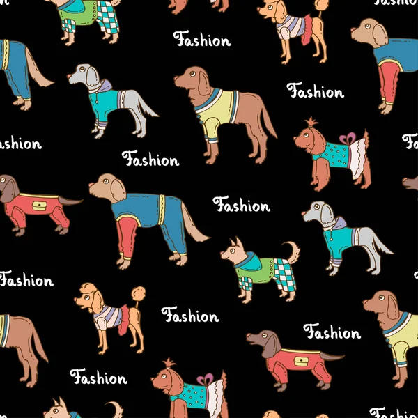 Modèle sans couture vectoriel avec des chiens colorés dessinés à la main sur la couleur noire. Modèle sur le thème de la mode, vêtements pour chiens. Contexte pour utilisation dans la conception, l'emballage, le site Web, le tissu — Image vectorielle