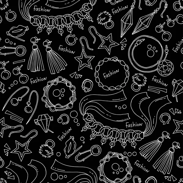 Vector seamless pattern with hand drawn isolated jewelry on black color. Background for use in design — Stock Vector