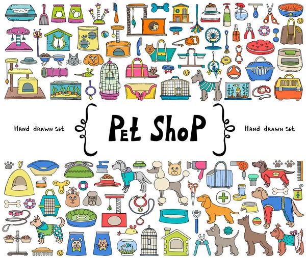 Conjunto de vetores com mão desenhada doodles coloridos isolados sobre o tema da loja de animais de estimação. Esboços para uso em design — Vetor de Stock