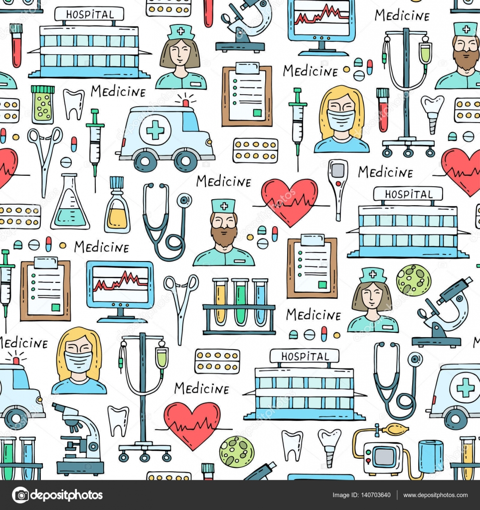 Vector pattern with hand drawn colored symbols of hospital, pharmacy