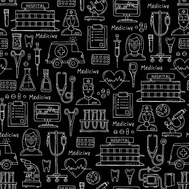 Vektör desen el ile hastane, eczane siyah renk sembolleri çizilmiş. Desen ilaç, tıbbi malzeme konulu