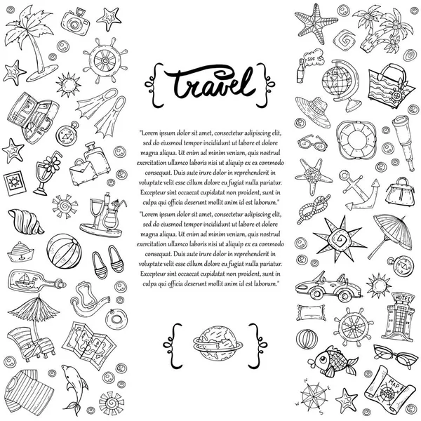 Beyaz arka plan üzerinde seyahat izole kapak ile elle çizilmiş sembolleri. Resimde turizm konulu yaz