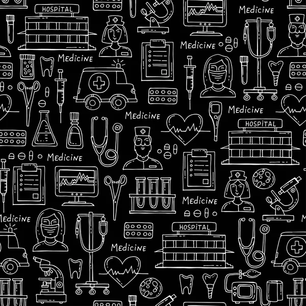 Vektormuster mit handgezeichneten Symbolen von Krankenhaus, Apotheke auf schwarzer Farbe. Muster zum Thema Medizin, medizinische Geräte — Stockvektor