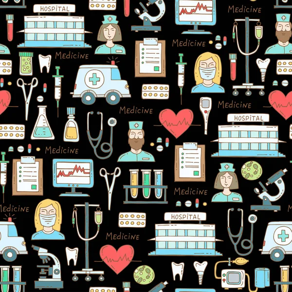Wektor wzór z ręcznie rysowane kolorowych symboli szpital, apteka na kolor czarny. Wzór na temat Medycyna, sprzęt medyczny — Wektor stockowy