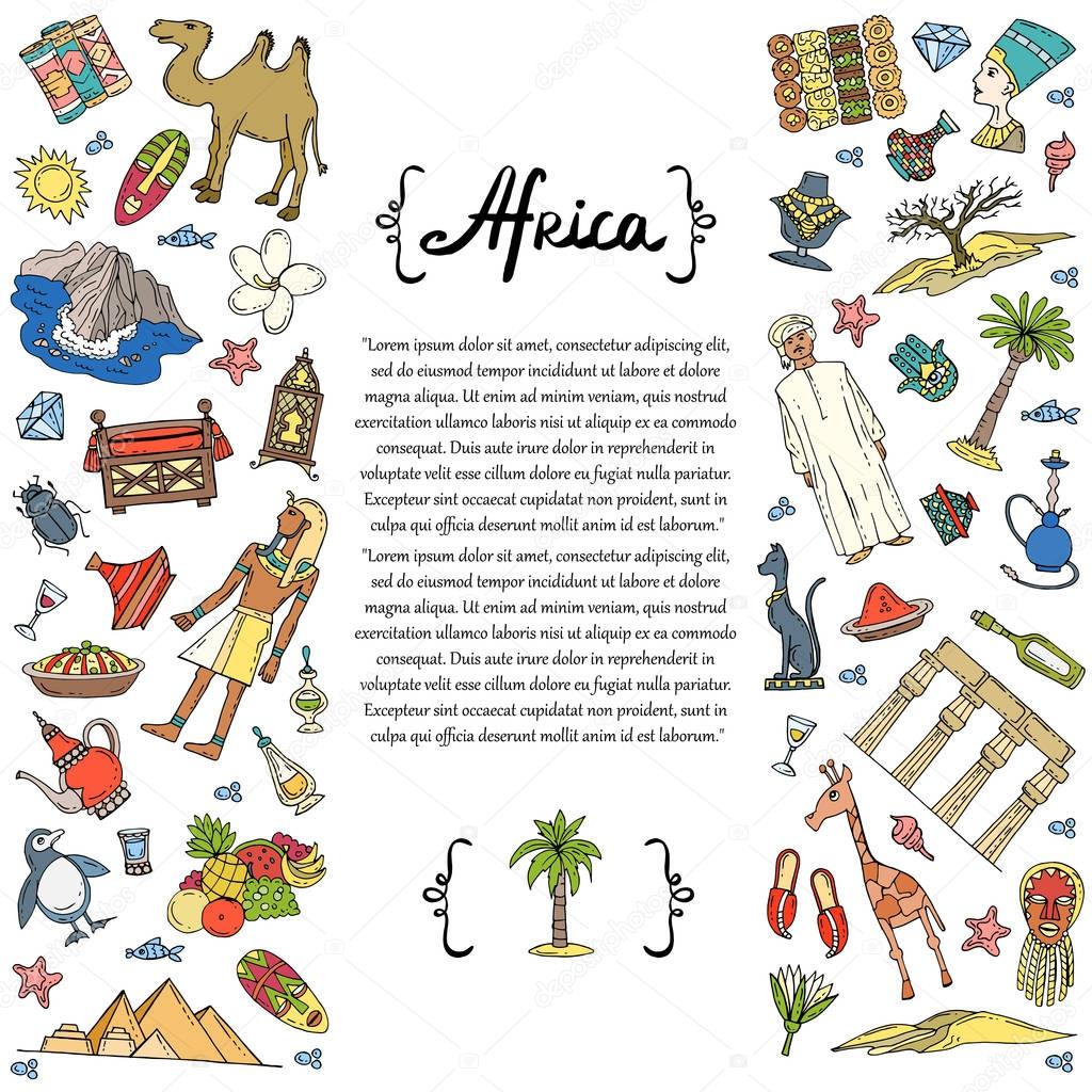 Cover with hand drawn colored symbols of Africa on white background. Illustration on the theme of travel and tourism