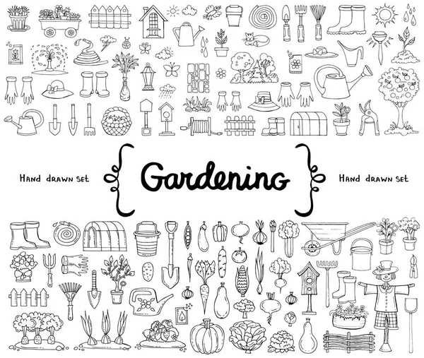 ガーデニング、ガーデン ツール、農業、収穫をテーマに孤立した落書きを描画ベクトルを手で設定 — ストックベクタ