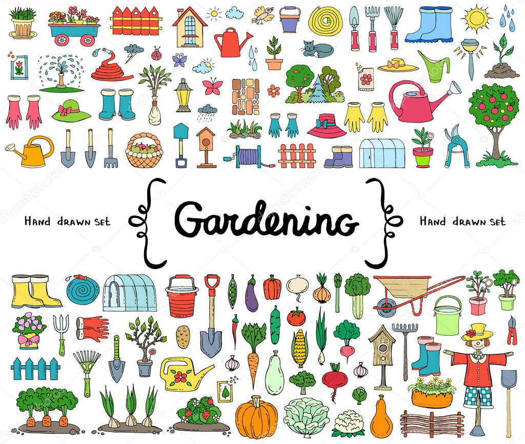 Vector set with hand drawn isolated colored doodles on the  theme of gardening, garden tools, agriculture, harvest