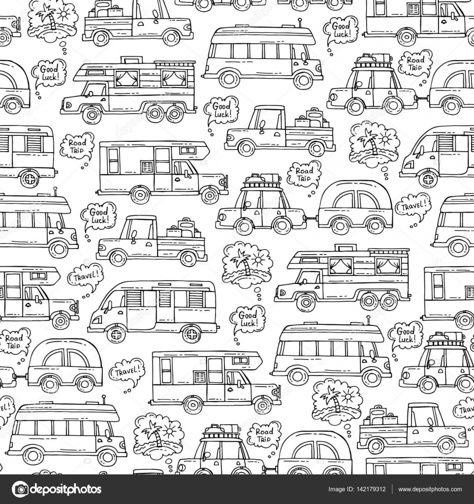 Reticolo senza giunte con la mano disegnata automobili isolate su colore bianco Reticolo sul tema