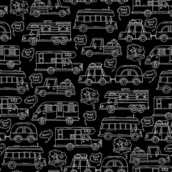 Vector seamless pattern with hand drawn isolated cars on black color. Pattern on the theme of travel and tourism, house on wheels