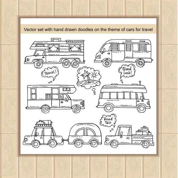 Vector set met hand getrokken doodles op het thema van auto's, vervoer, reizen en toerisme — Stockvector